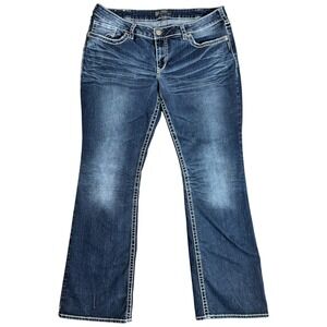 Silver Jeans Aiko Bootcut Women's 37x33 Dark Wash Distressed Denim Whiskered Y2K